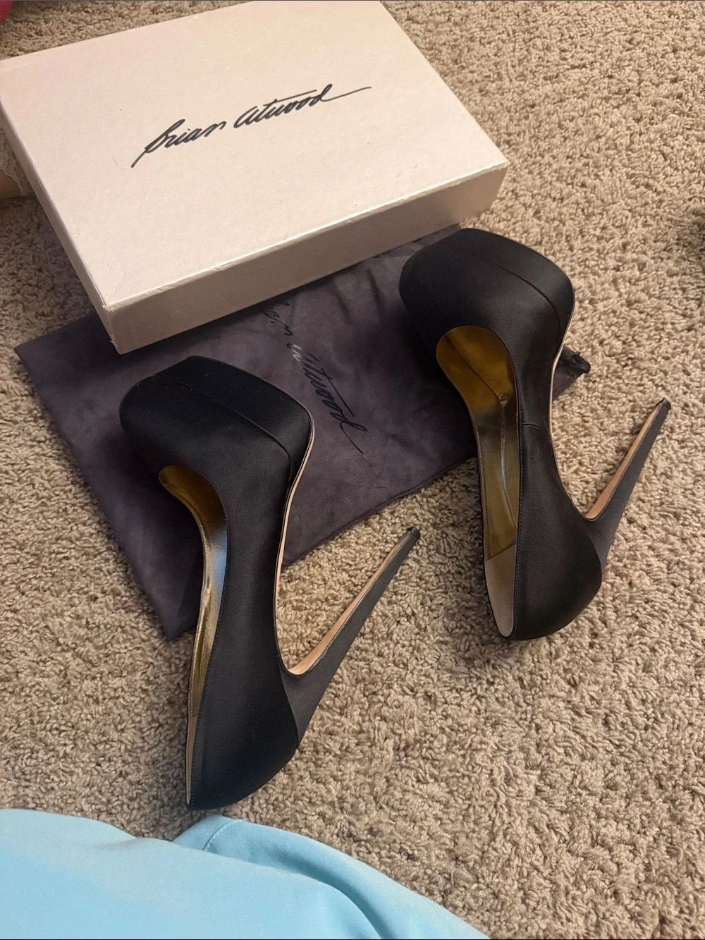 Brian Atwood Black Satin Platform Stiletto Pumps
